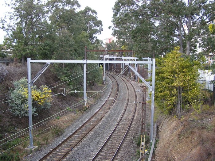 The view looking south as the North Shore line crosses under the Pacific Highway.