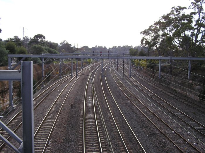 The view looking north from the Bridge Road overpass to the north of Hornsby station.