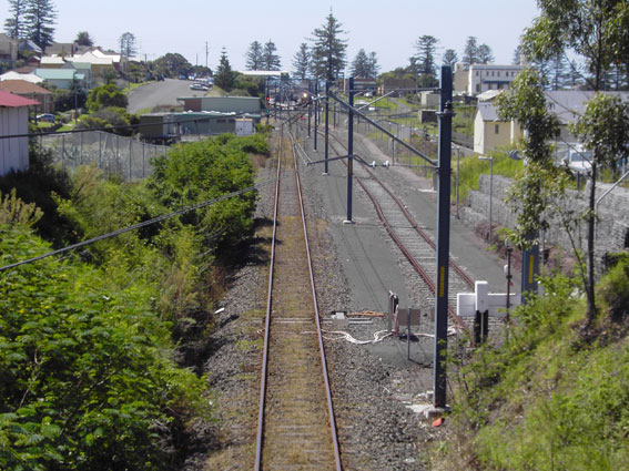 
The view looking north from Barney Street towards the station, showing the
end of electrification.
