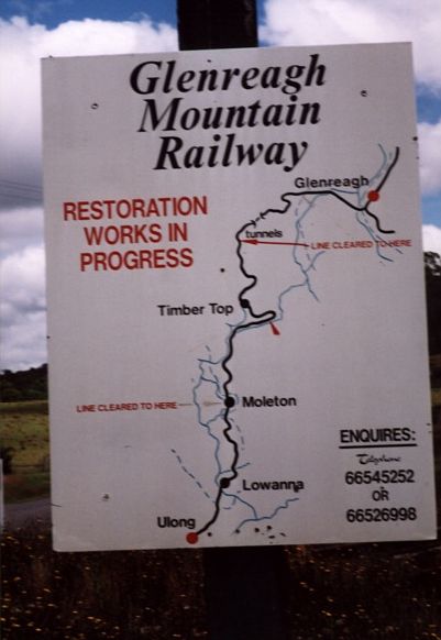 
A sign describing the Glenreagh Mountain Railway restoration works,
at Lowanna.

