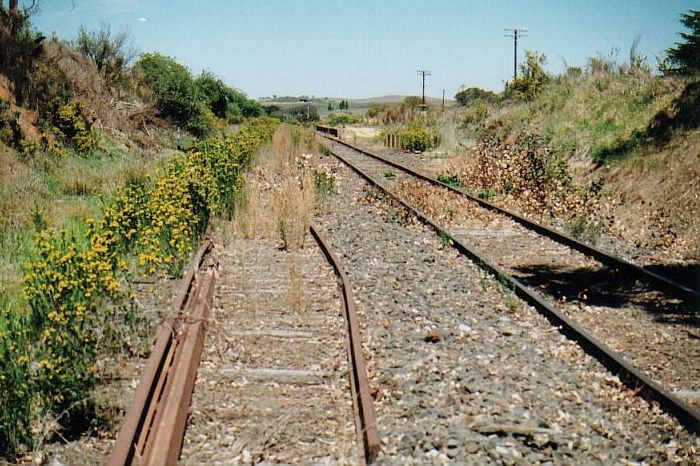 
The view from the north end of the yard shows the disconnected loop
siding, with the platform visible in the distance.
