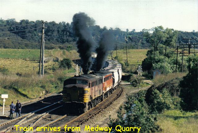 An Up train has arrived from Medway Quarry to the south. Shunters are standing by.