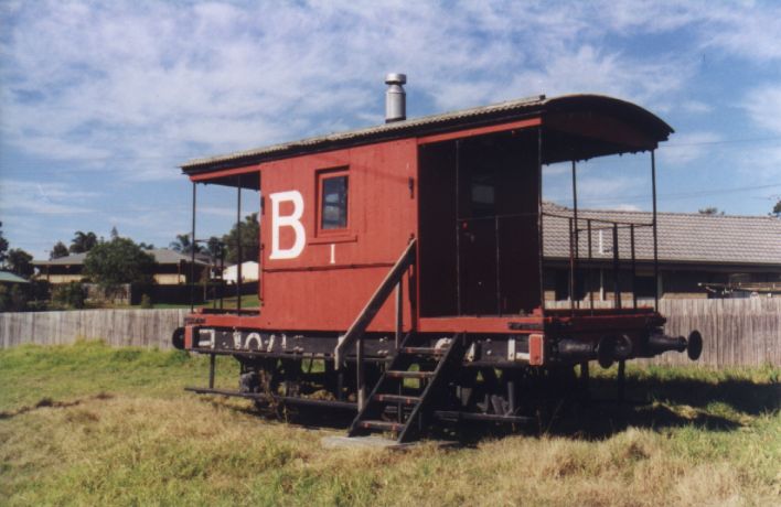 
This restored guard's van is located in Railway St, on the hill 
above the site of the one-time mine.  The "B" indicates it was owned
by J and A Brown Abermain Seaham Collieries.
