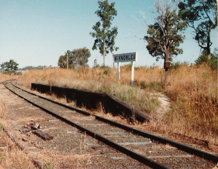 The platform and name-board are still present in this 1982 shot. The goods siding also appears to still be connected to the main line.