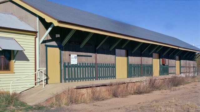 The newly restored Mudgee goods shed looking across the main line with up (Sydney) to the right.
