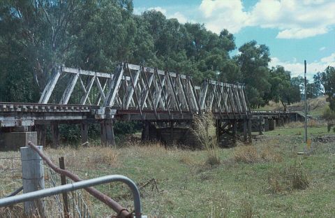
A view of the railway bridge over the Cudgegong River, near Munna.
