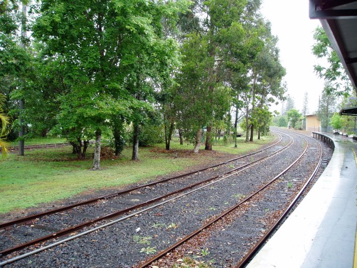 The view looking south along the platform. The turntable can be see through the trees in the centre.