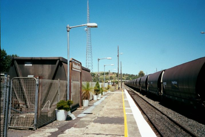 
Looking south along the platform, with a Freightcorp coal train
rolling through the station.
