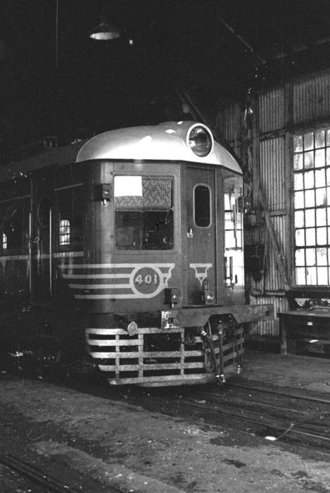 Railcar 401 sits inside the engine shed.