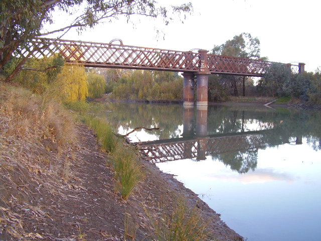 The western side of the rail bridge over the Murrumbidgee River at Narrandera on the Narrandera-Tocumwal line.  A view from the northern bank.