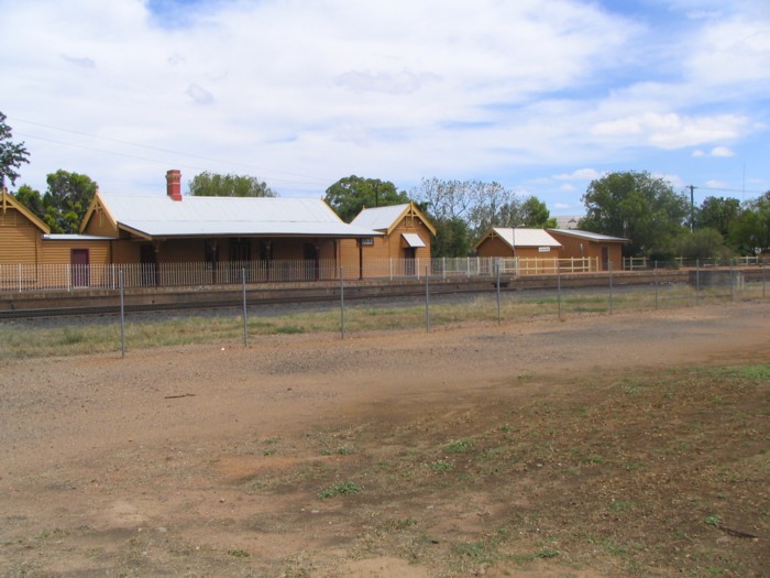 Restored Narromine station buildings from the track side.