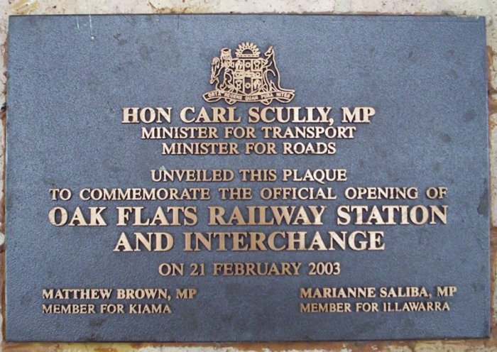 The plaque at the 'Oak Flats Railway Station and Interchange'.