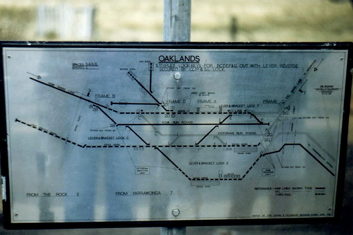 
The diagram for the dual-gauge yard.  Solid lines are standard (NSW) gauge,
the hollow lines are broad gauge (Victoria) and the dashed lines are dual
(third rail) gauge.
