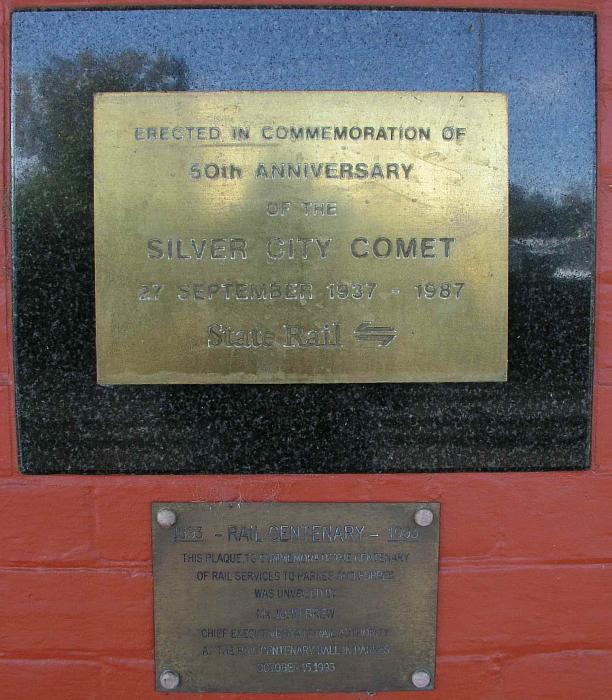 
A plaque commemorating 50 years of the Silver City Comet train to Broken Hill.
