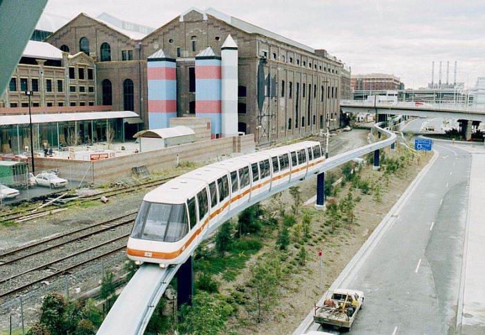 
A transitional shot during the Darling Harbour removal.  The goods line
tracks are still present, albeit truncated in the distance.  The
Sydney light rail has not yet been constructed but the monorail is in
use.
