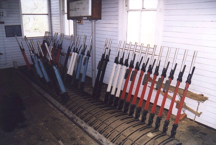 
The lever frame at Ropes Creek station.  Some of the levers still
operate!
