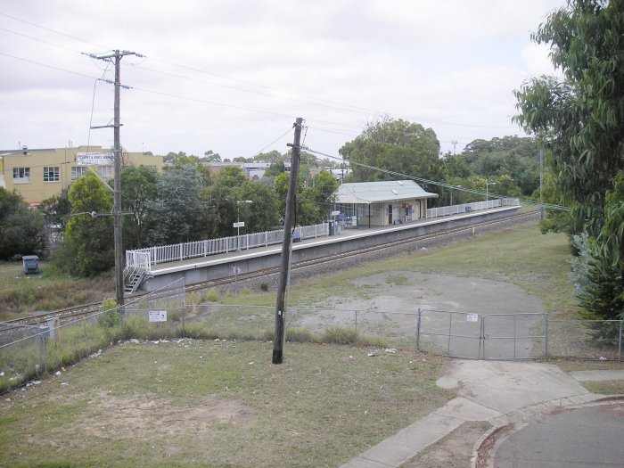 A view looking down at the modern station. The former station was located on the opposite side of the line.