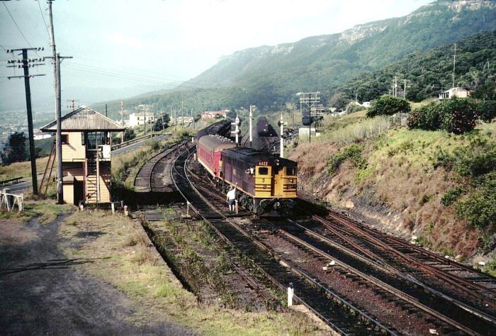 The view looking aouth, at the southern end of the station. On the left is the signal box and former dock siding. Behind the locomotive can be seen the yard and South Clifton Colliery sidings.