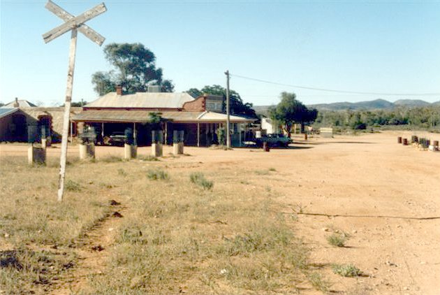 The view looking across the former level crossing towards the famous Silverton Hotel.