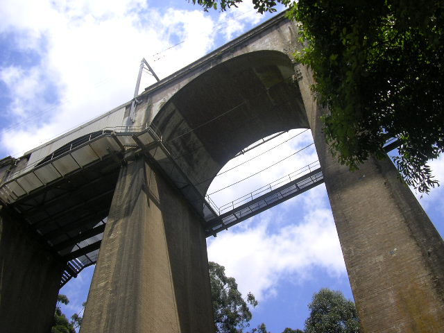 The view looking up to the impressive 30m arches of the Stanwell Creek viaduct.