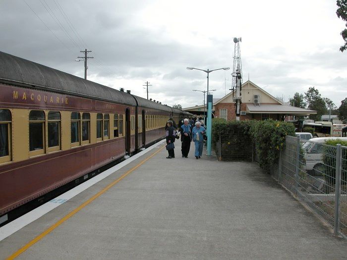 
Taree station platform with a tour train.
