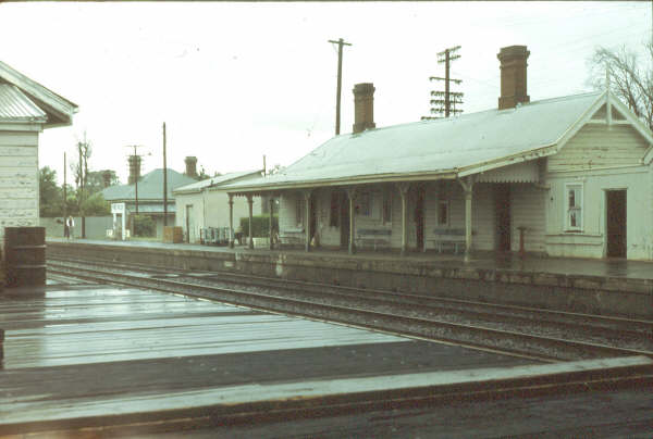 On a very wet November day in 1980 The Rock station looked dreary except for a bicyclist on the platform. 