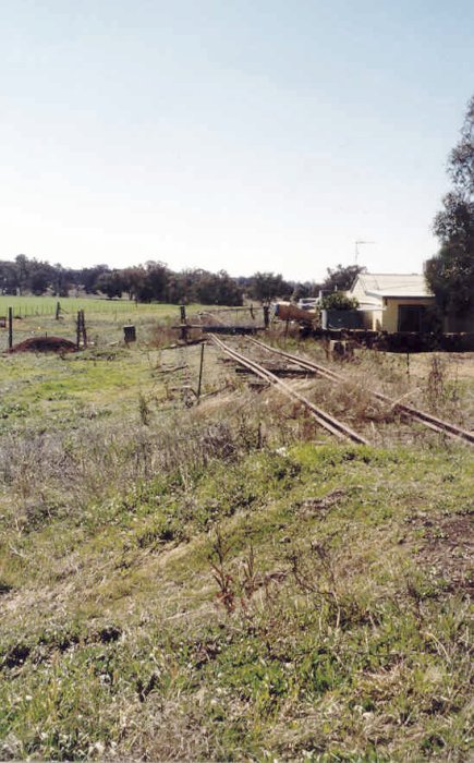A view of the line beyond the station where it passes alongside a house.