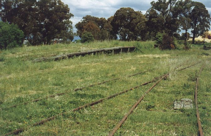 
Ten years later, all traces of the platform and station are gone.  The goods
platform and main line are still present.  The line in the foreground
is the one-time engine siding.
