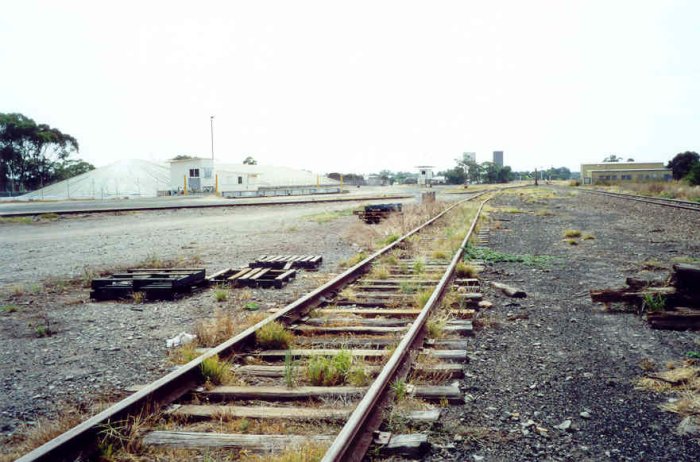 The view looking towards Temora, standing next to the No 1 siding.  The Lake Cargelligo branch is to the right and the grain siding is in front of the bunker, on the left.