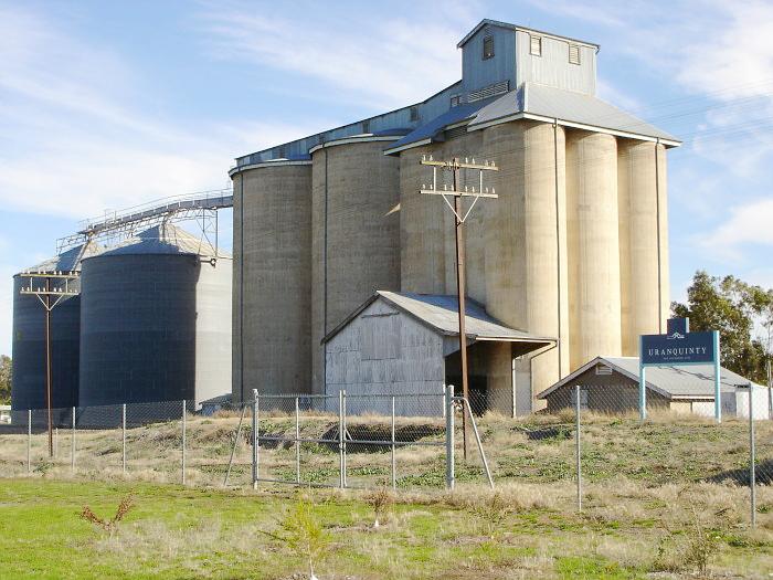 A closer view of the large silo complex.