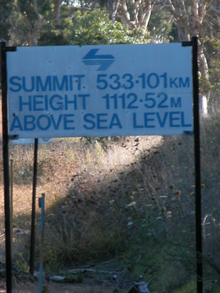 
The sign marking the highest point on the still-open NSW network, between
Walcha Road and Wallun.
