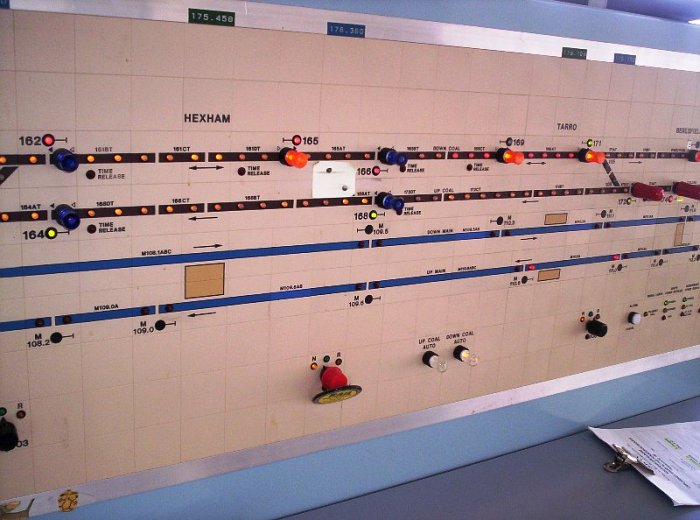 A view of a track indicator panel in the Hanbury Junction signal box.