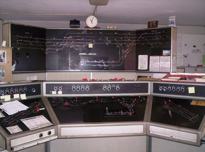 A view of the signaller's desk in the Hanbury Junction signal box.