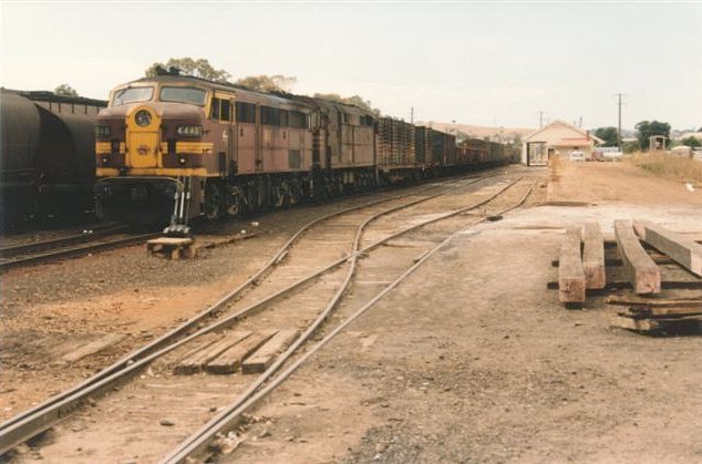 A down goods train headed by a 44-class enters the yard. On the right are the goods shed and loading back.