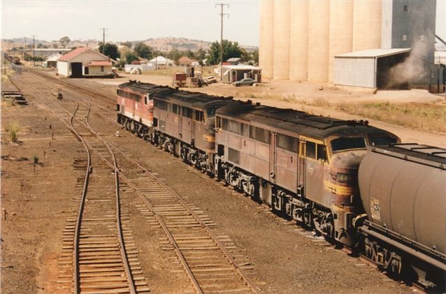 The view looking south as an up wheat train clears the station.