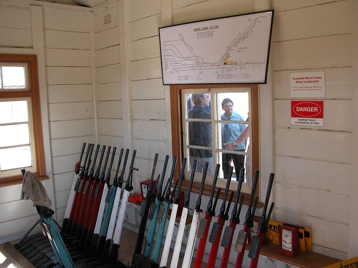 
A view of the lever frame and diagram inside the signal box.
