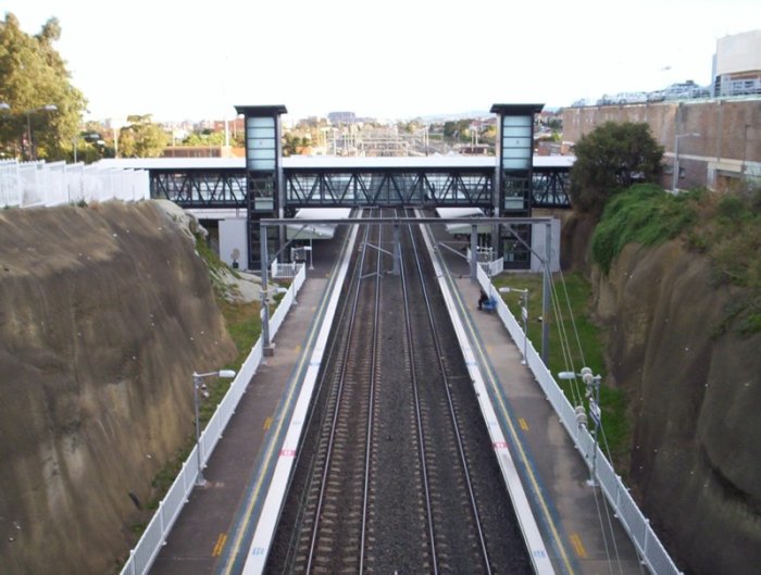 Wollongong station, looking towards Bomaderry, as viewed from the road overbridge at the Sydney end of the station.